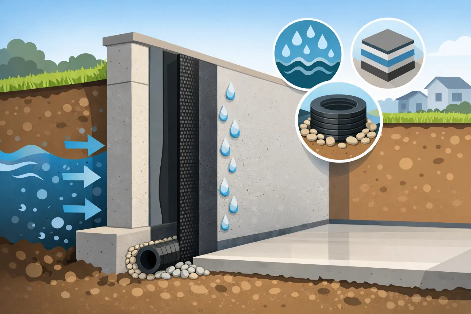 Druckwasserabdichtung für Kelleraußenwand Systemaufbau